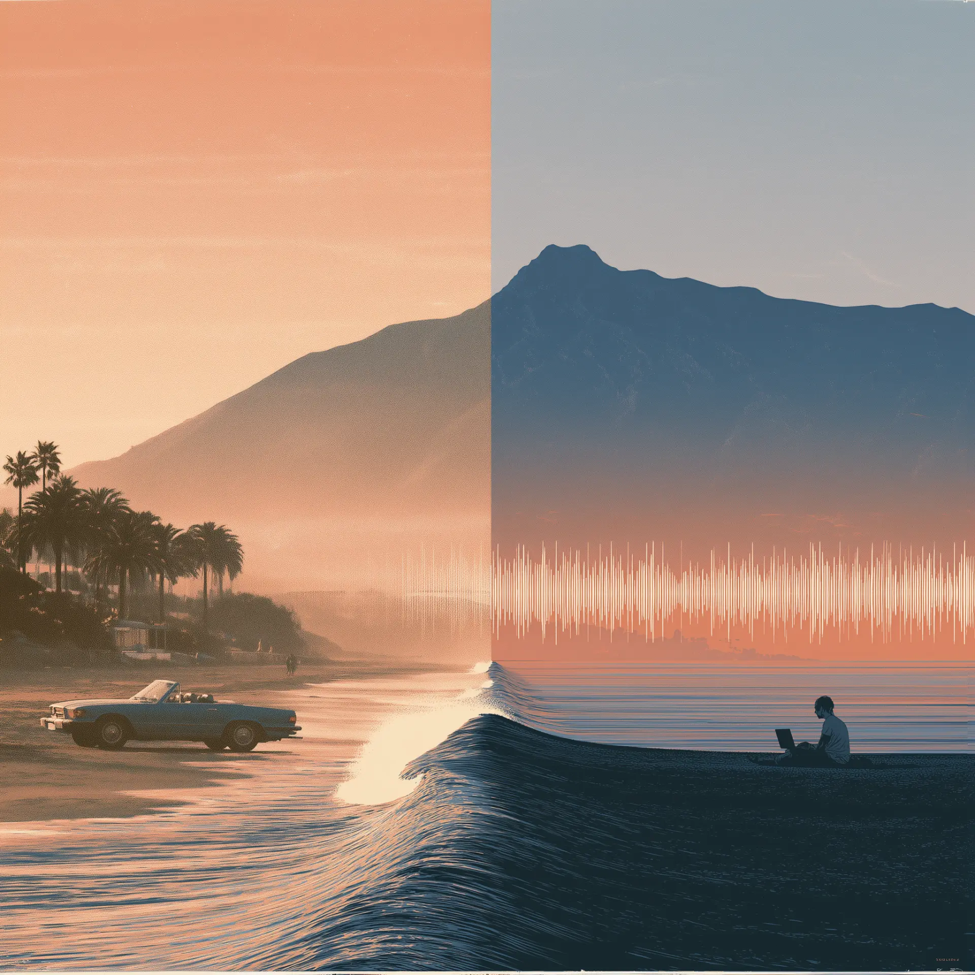 Editorial poster: the Costa del Sol then and now — a vintage car on the sand beside a breaking wave and a builder working on the beach