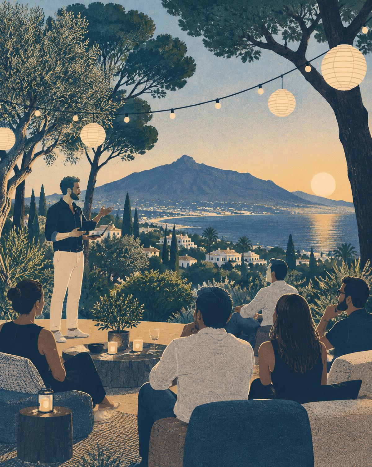 Illustration of a speaker addressing a small group in a garden social club above Marbella, with string lights, pine trees and the coast at sunset