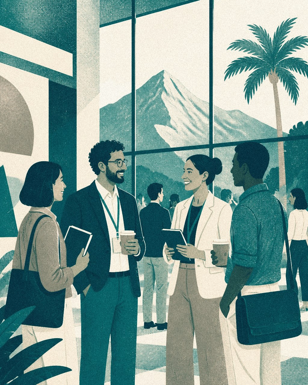 Poster illustration of professionals talking in a conference foyer with a mountain and palm tree outside