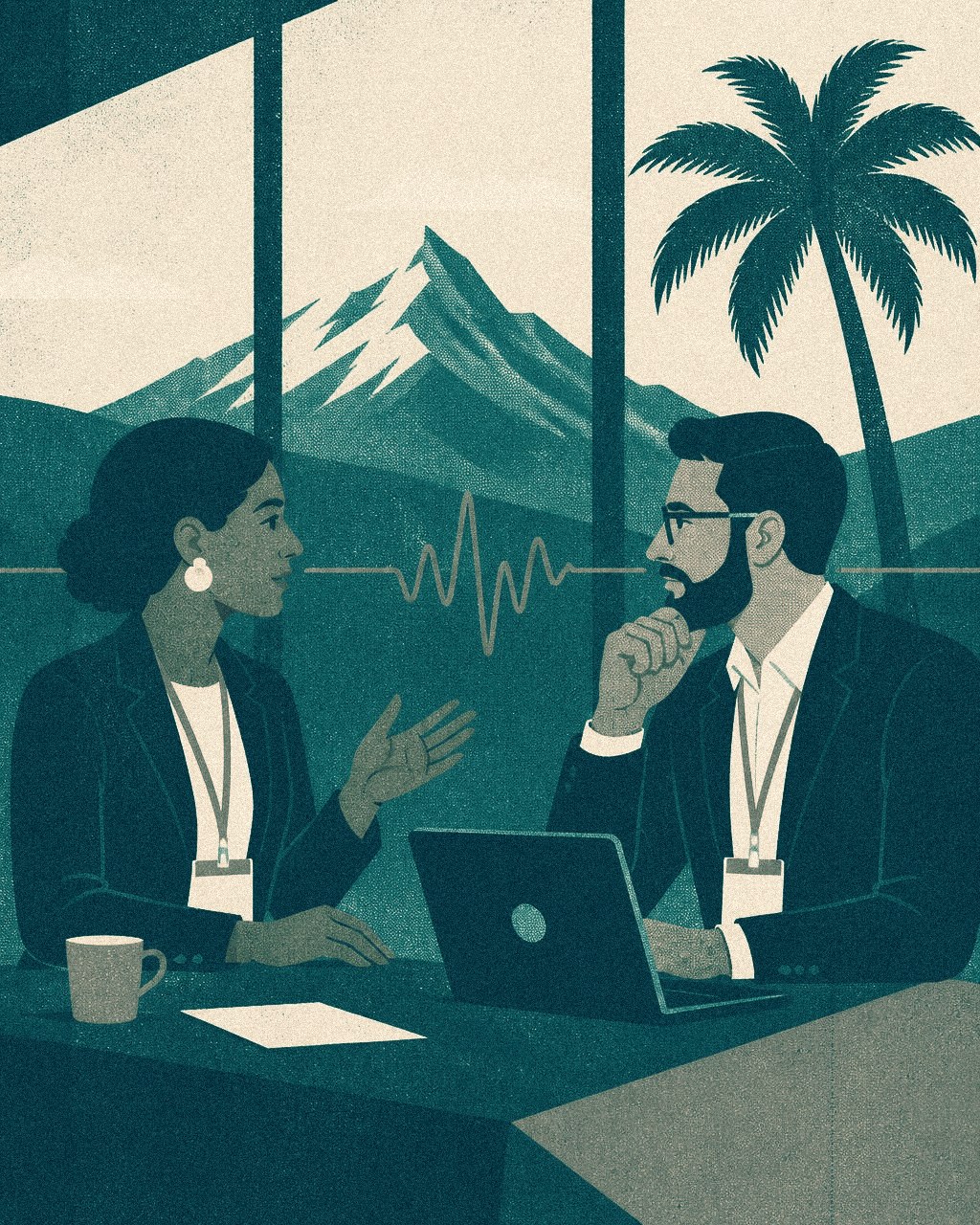 Poster illustration of two conference attendees in conversation over a laptop